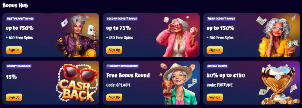 Spin Granny Bonus Hub z wieloma poziomymi ofertami powitalnymi i bonusami doładowującymi